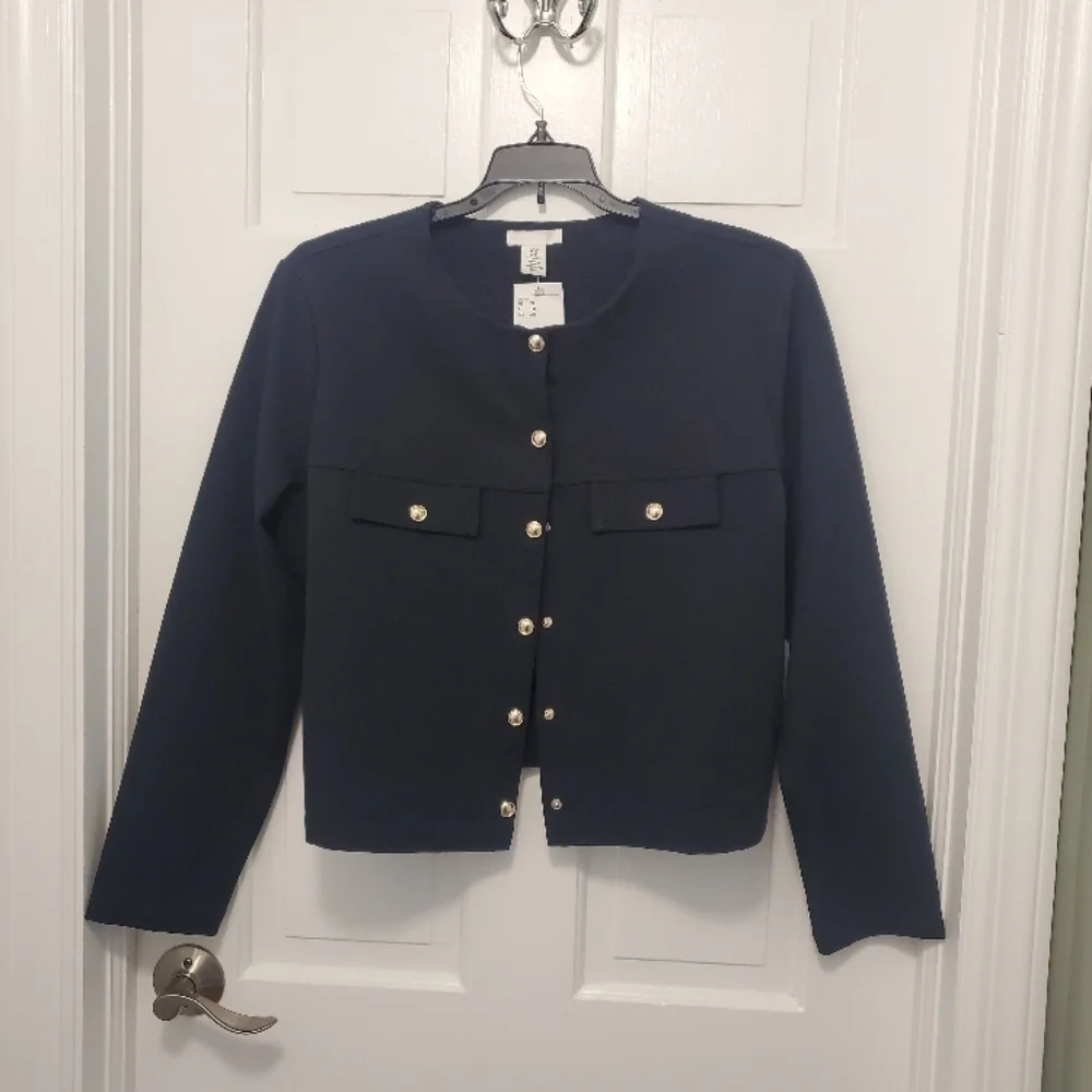H&M Navy Blue Knit Snap Close Crop Style Jacket/Cardigan Size XL - Picture 3 of 11